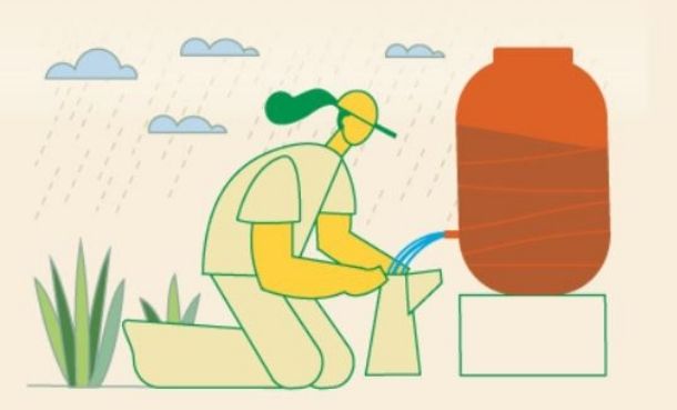 drawing of woman in front of rain barrel for the West Basin Rain Barrel Program