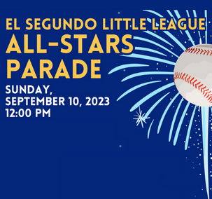 Fireworks and baseballs with the words "El Segundo Little League All-Stars Parade"