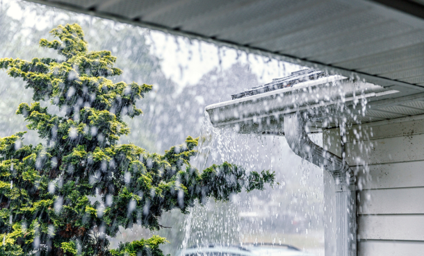 Excessive rain pouring on a house and tree